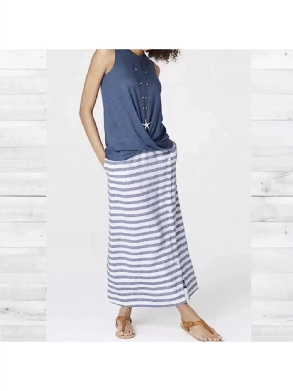 J Jill Love  Linen Blue White Striped Linen 
Skirt
